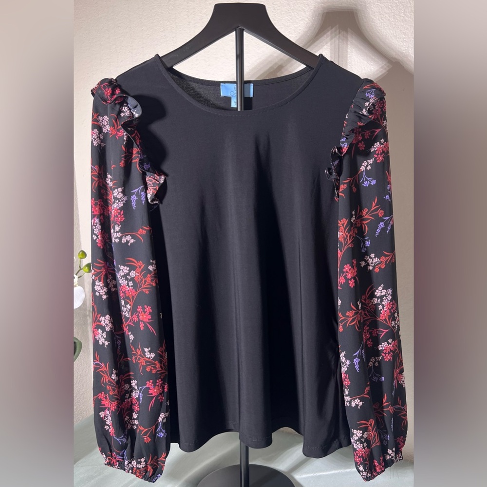 CeCe Black Top with Floral Long Sleeves – Size M